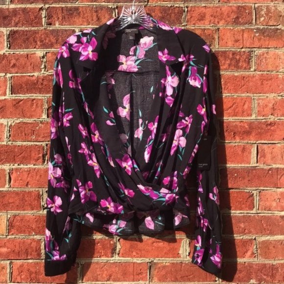 Black and Purple Floral Print Free Press Long Sleeve V-Neck Collared Blouse - Picture 2 of 15